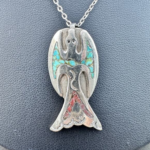 Nickel Silver Peyote Bird Pendant Necklace Turquoise Coral Inlay Southwestern - Picture 4 of 6